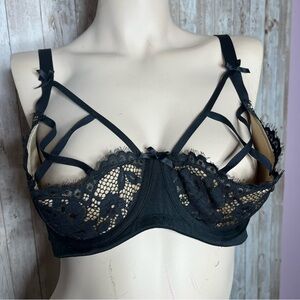 Cacique Lightly Lined Quarter Cup Strappy Black Lace Bra Size 42B